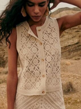 Sezane Cream Crochet Button Front Vest